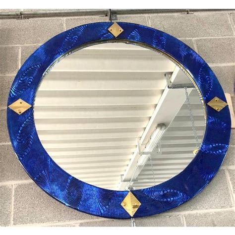 Bespoke Round Brass And Textured Cobalt Blue Murano Glass Mirror Chairish