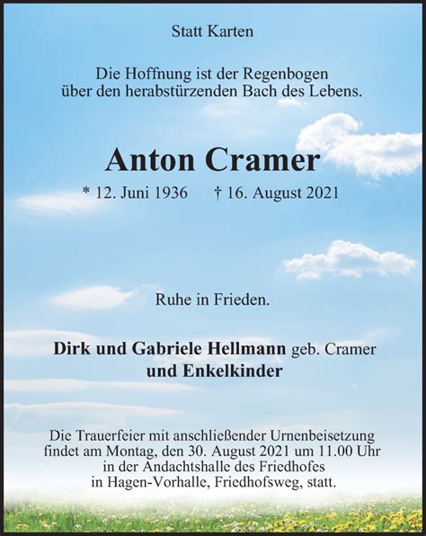 Traueranzeigen Von Anton Cramer Trauer In Nrw De