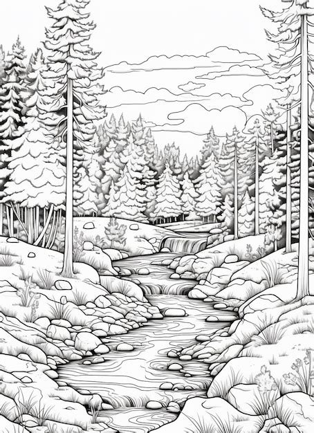 Un Dibujo En Blanco Y Negro De Un Arroyo En Un Bosque Generativo Ai