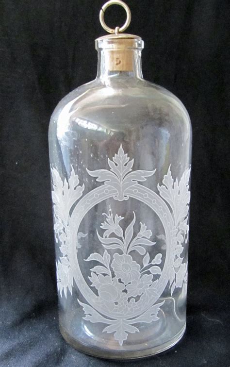 Vintage Etched Clear Glass Bottle With Stopper Floral Leaf Design 8 3 8 Inches