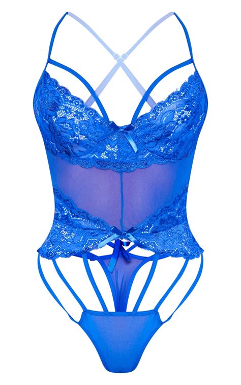 Body lingerie en dentelle bleu cobalt à détail lanières