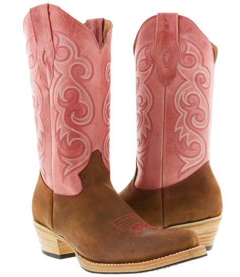 Womens Brown Pink Western Leather Cowboy Boots Rodeo Cowgirl Ladies Riding New Ebay