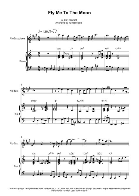 Fly Me To The Moon Arr Tunescribers Sheet Music Bart Howard Alto Sax Solo