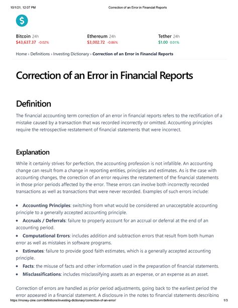 Correction Of An Error In Financial Reports Correction Of An Error In