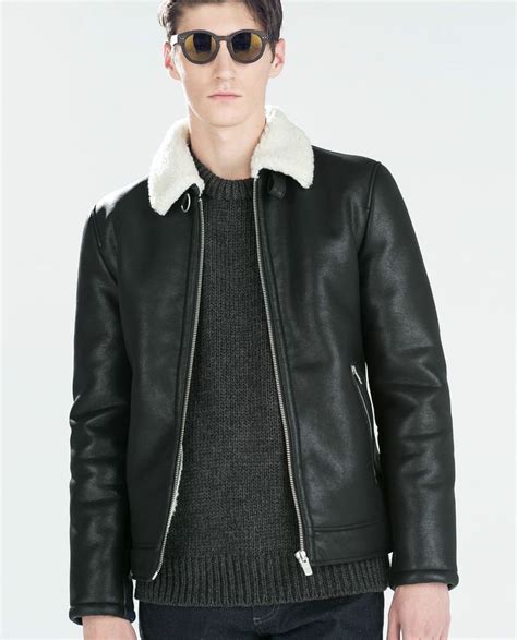 ZARA Man BNWT Black Faux Leather Aviator Flying Jacket Shearling Collar