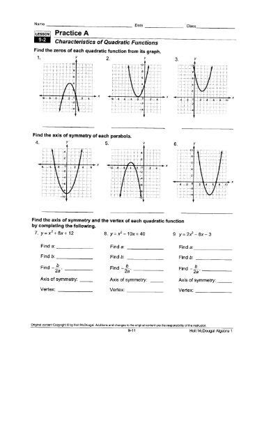 Practice Quadratic Functions Worksheet Answer Key