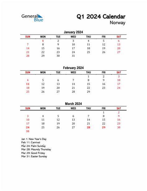 2024 Q1 Calendar With Holidays List For Norway