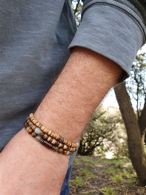 Men S Natural Stone Bracelet Set Natural Wood Bracelet Etsy