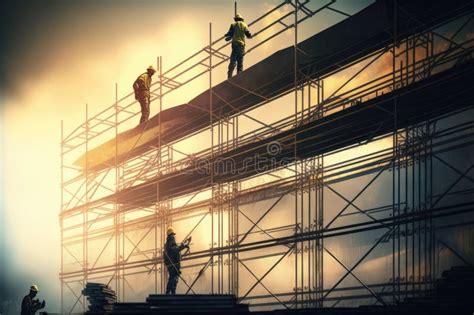 Construction Workers Fixing Roof Of Building With Support On