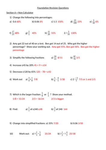 Gcse Foundation Revision Questions On Fractions Decimals And Percentages Teaching Resources