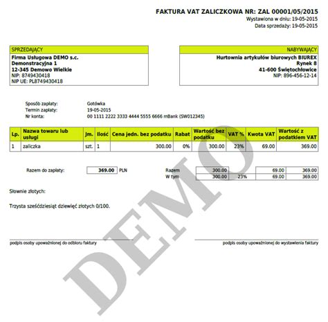 Faktura zaliczkowa darmowy wzór Intaxo