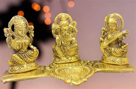 Buy Metal Laxmi Ganesh Saraswati Idol Diya Oil Lamp Deepak 8 In X 4 In