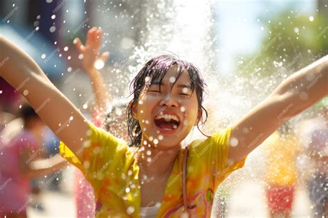 Japanese Girl Joyful Splashing Of Thailand S Songkran Water Festival Premium Ai Generated Image