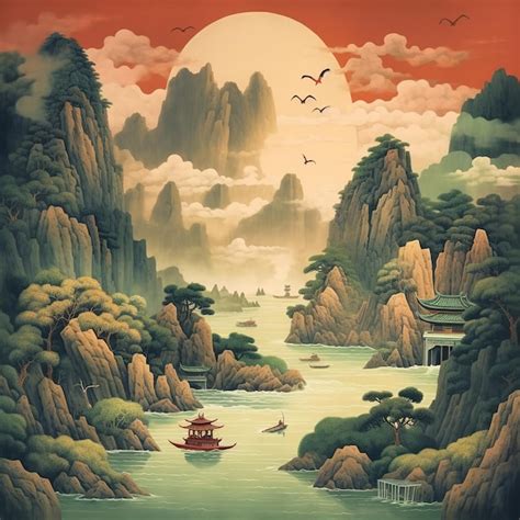 Premium AI Image | Asian landscape illustration