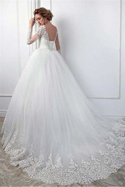 Daisda Gorgeous Ball Gown Long Sleeves Jewel Wedding Dress With Tulle Lace