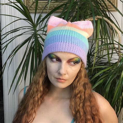 Pastel Rainbow Knit Pussy Hat LGBTQ Pride Cat Ear Cap