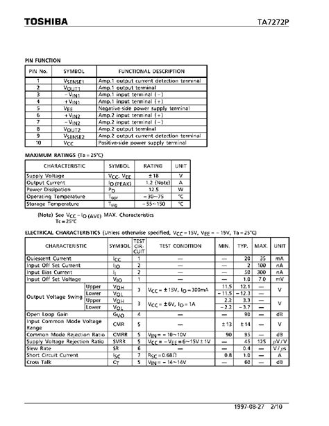 TA7272 datasheet(2/10 Pages) TOSHIBA | DUAL POWER OPERATIONAL AMPLIFIER