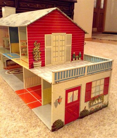 1950s Large Marx Tin Doll House 6 Rooms Bright Colors Two Story