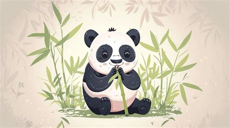 A Cute Cartoon Panda Eating Bamboo In A Forest Premium AI Generated Image