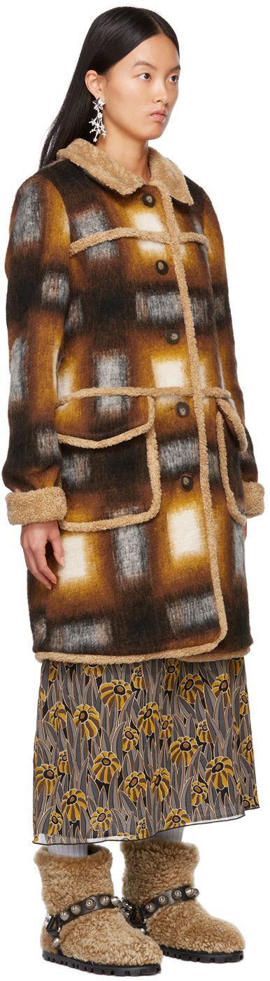 Anna Sui Orange Brown Faux Shearling Ombre Plaid Coat Anna Sui