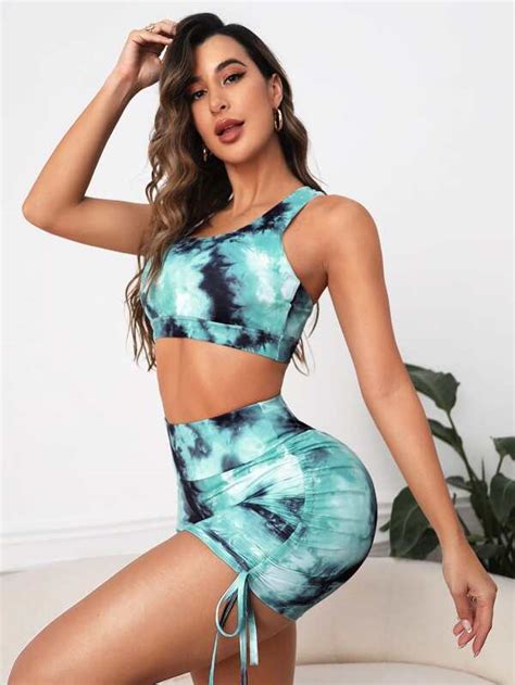 Yoga Trendy Tie Dye Crisscross Backless Drawstring Side Sports Set