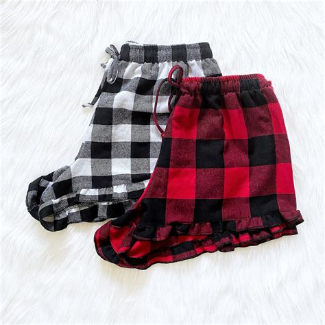 Ruffle Trim Buffalo Plaid Fleece Pj Shorts Adult Women Etsy