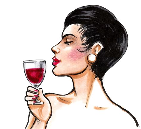 Linda Mujer Degustando Una Copa De Vino Tinto Dibujo A Tinta Y