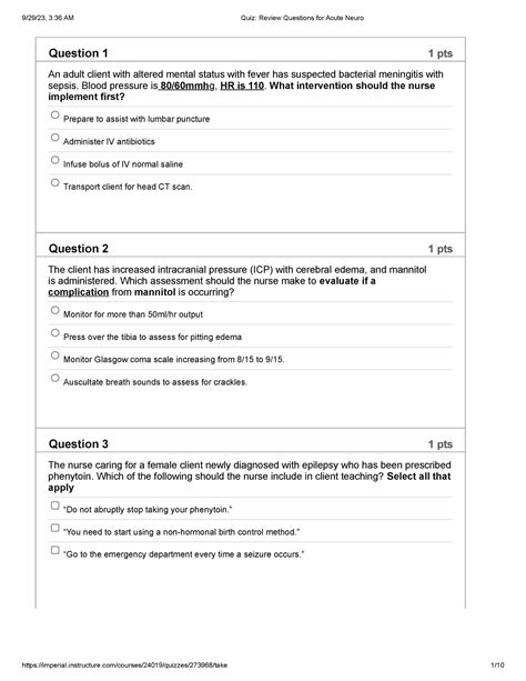 Quiz Review Questions For Acute Neuro Question Pts An Adult