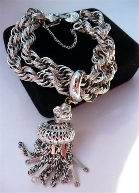 Monet Damita Tassel Bracelet Silver Tone Thick Rope Chain Mid