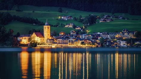 Photo Austria St Wolfgang Lake Evening Houses Cities X