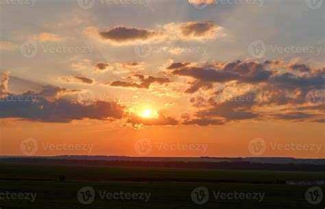 Bright Orange Sunset Covered By Clouds Fiery Orange Sunset Sky