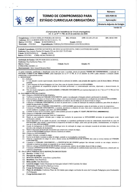 Formul Rio De Identifica O Est Gio Supervisionado Obrigat Rio N Mero