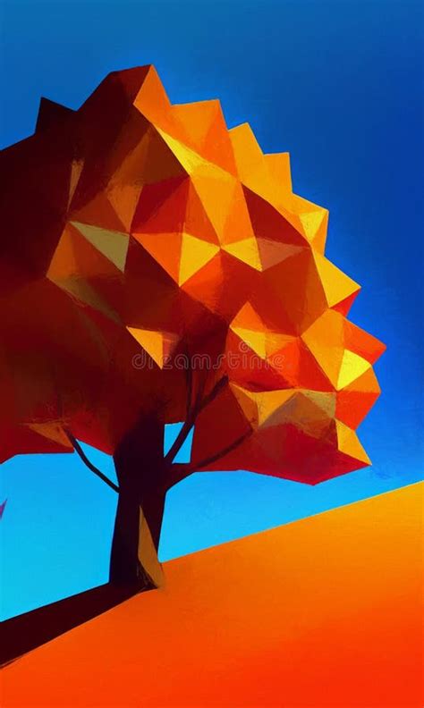 Low Poly Autumn Tree Digital Painting Stock Illustration