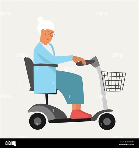 Granny Old Woman On Wheelchair Electric Scooter In Flat Style Happy