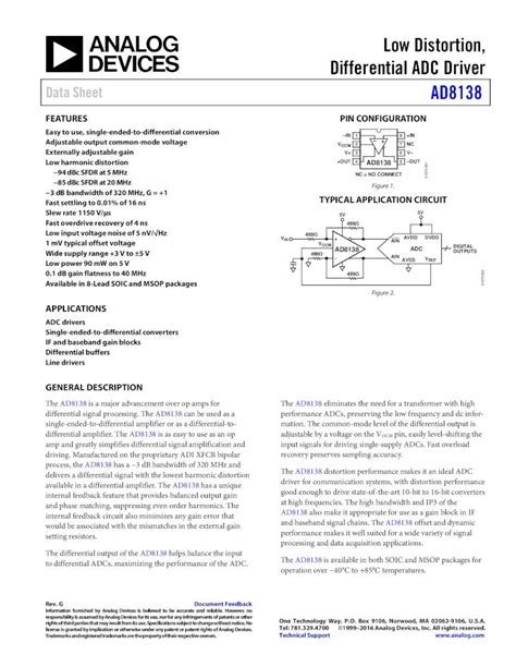 Pdf Low Distortion Differential Adc Driver Data Sheet Ad8138 · 2019