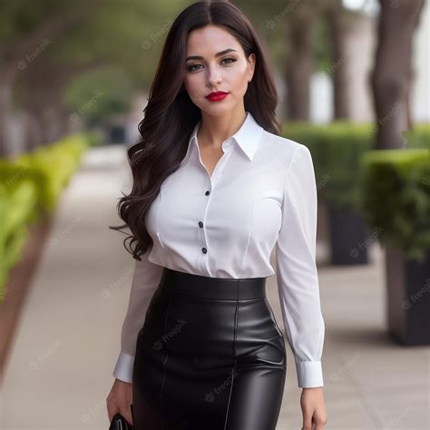 Premium Photo A Woman In A Black Leather Skirt And White Shirt Walks Down A Sidewalk