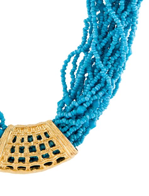 Kenneth Jay Lane Bead Multistrand Collar Blue Gold Tone Metal Bead