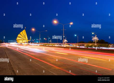 The Light Trails On The Modern Building Background In New Bridge