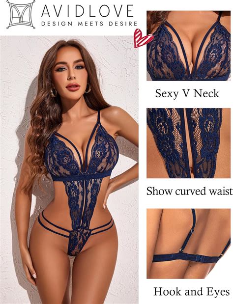 Avidlove Women One Piece Lingerie Deep V Lace Bodysuit Babydoll Teddy Underwear Navy Blue