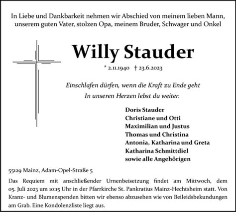 Traueranzeigen Von Willy Stauder Vrm Trauer De