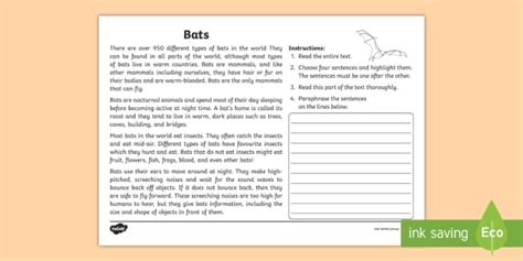 Bats Paraphrasing Worksheet Teacher Made