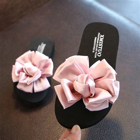 Baby Girls Slippers With Cute Silk Flowers Solid Color Flat Heel