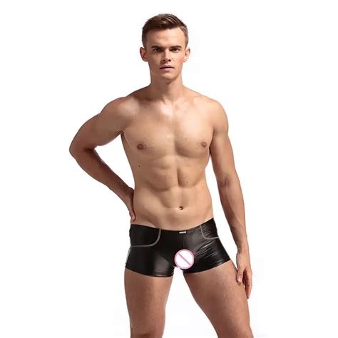 Hot Sexy Men Faux Leather Underwear Low Waist Boxers Wet Look Underwear