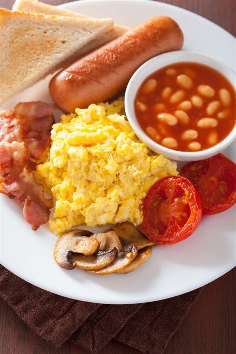 Full English Breakfast With Scrambled Eggs Bacon Sausage Bean Stock