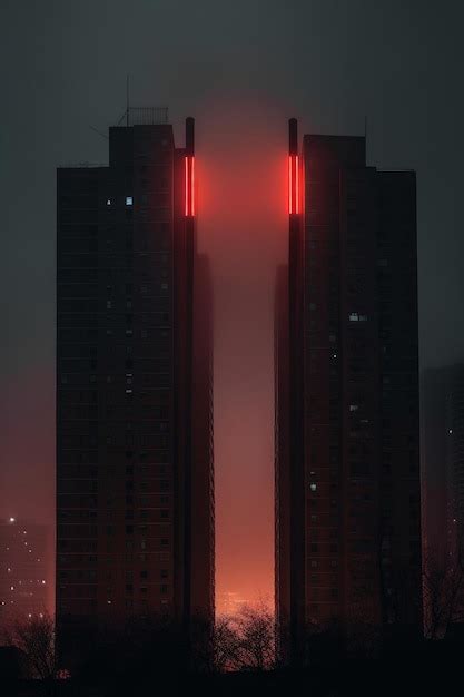 Un Paisaje Urbano Oscuro Con Luces Rojas Y Un Edificio Con Una Luz Roja