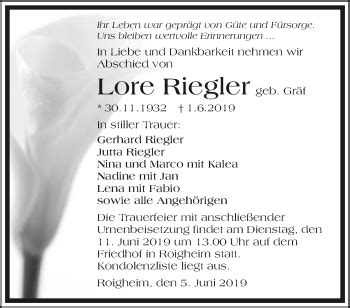 Traueranzeigen Von Lore Riegler Trauerundgedenken De