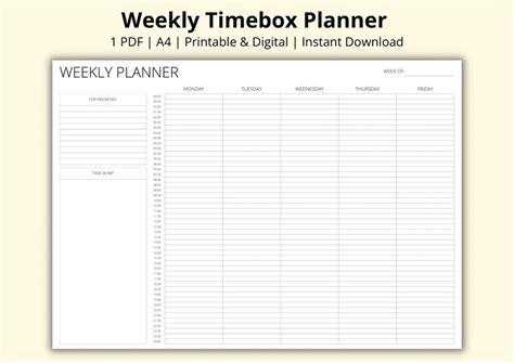 Weekly Timebox Planner 5 Day Time Blocking Template 24 Hour Timetable