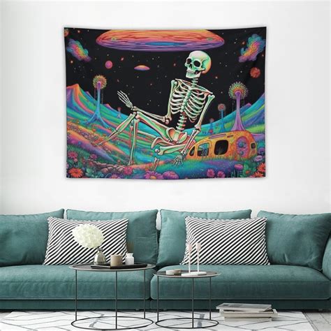 Onetech Skeleton The Thinker Tapestry Hippie Uv Reactice Floral