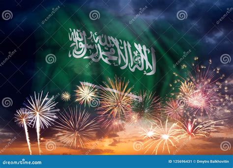 Fireworks and Flag of Saudi Arabia Stock Illustration - Illustration of ...