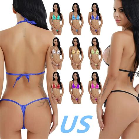 US Sexy Women S Shiny Metallic Bikini Set Bra With Micro G String Thong